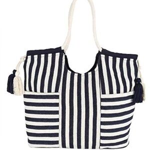 Astrid Handmade Macrame Flap Over Navy & Cream Tote Bag